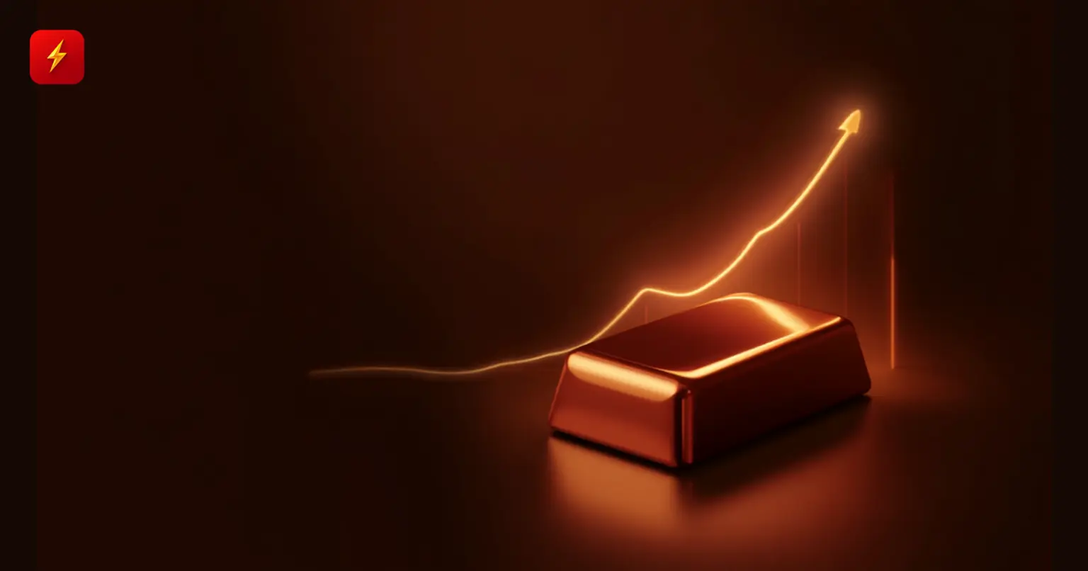 Copper ingot with a rising price chart line symbolizing record-high prices