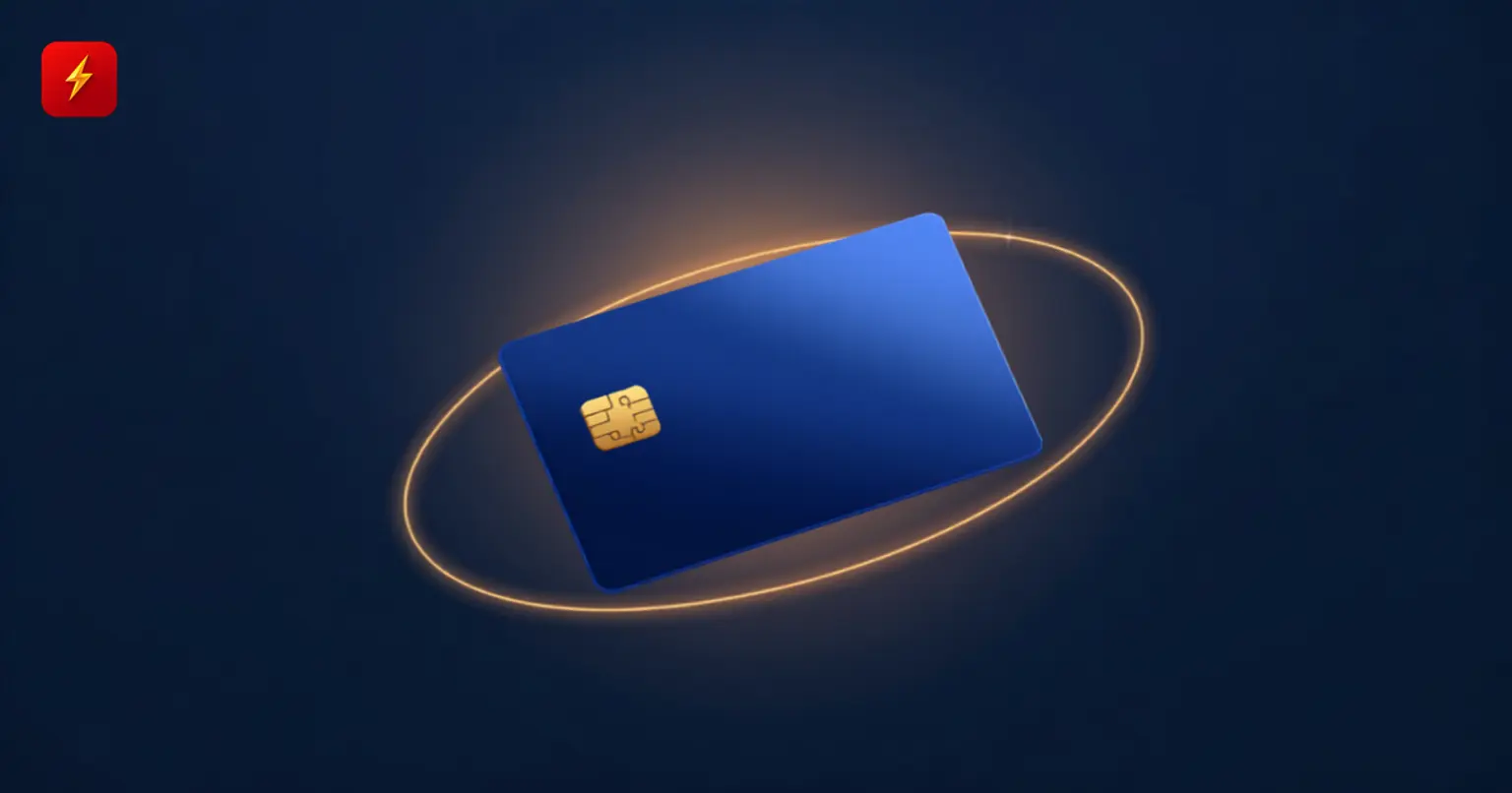 Payment card with an orbiting ring symbolizing stablecoin payouts through the Visa Direct network