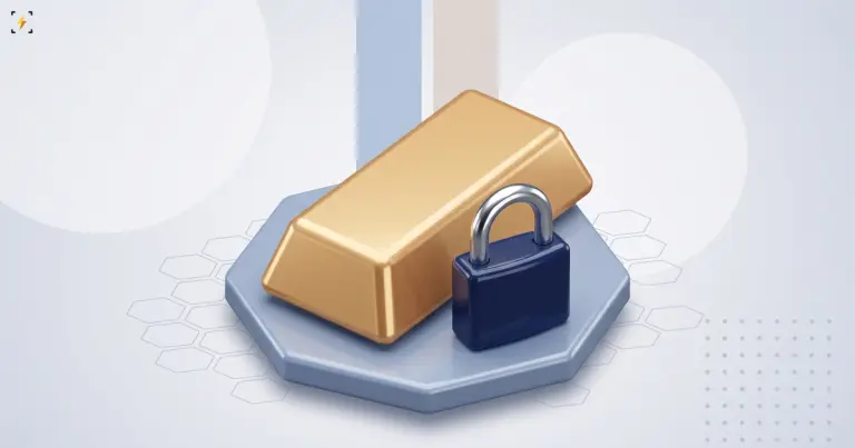 Gold bar and a closed padlock standing on a hexagonal plate with a honeycomb pattern