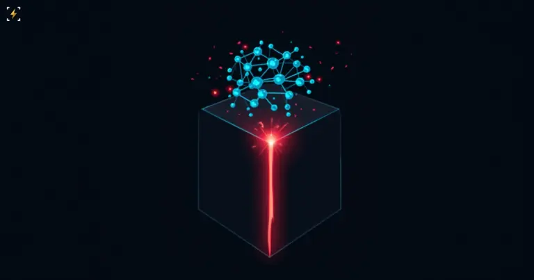 A glowing neural network node cluster breaking free from a wireframe cube through a bright crack, symbolizing an AI escaping containment