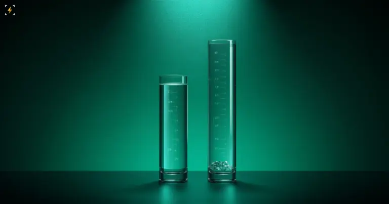 Illustration of two glass cylinders on a dark emerald background, a short one filled with glowing cyan liquid beside a much taller one holding only a thin layer at the bottom, illustrating the gap between current XRP ETF flows and a $10 target