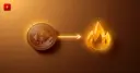 Bitcoin coin arrow pointing to an energy flame