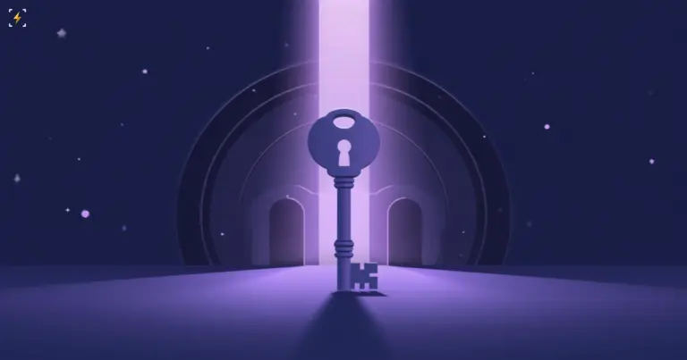 Matte lilac key standing before faint doorways in indigo light, illustrating single sign-on across clusters
