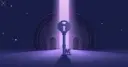 Matte lilac key standing before faint doorways in indigo light, illustrating single sign-on across clusters