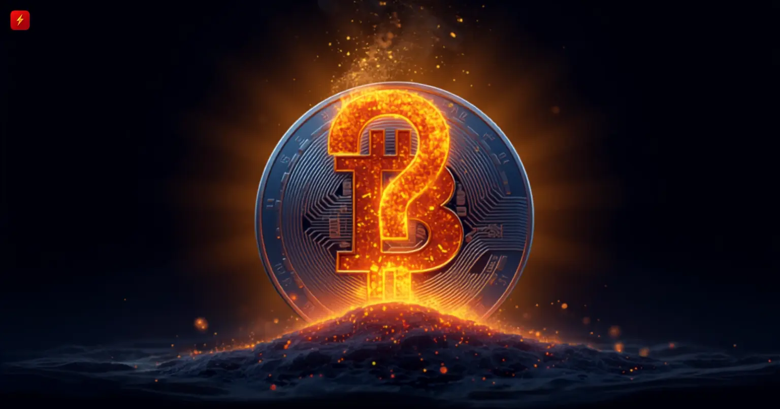 A Bitcoin coin with its symbol burning into a question mark shape, representing the mystery of a deliberately destroyed Bitcoin stash