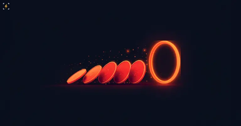 A row of glowing red coin discs tipping over like dominoes toward a bright orange shockwave ring, symbolizing a risk-off selloff hitting crypto
