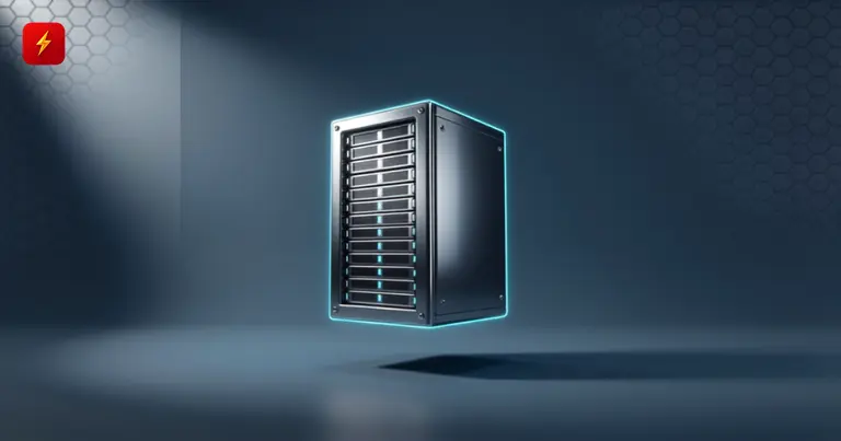 Glossy 3D server rack on a steel-slate background with a faint hexagonal pattern — symbolizing AI data centers funded from crypto reserves