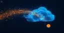 Плоская векторная иллюстрация светящейся синей облачной серверной структуры с потоком светящихся янтарных частиц, стекающих в неё слева — символ масштабных корпоративных расходов на облачную ИИ-инфраструктуру