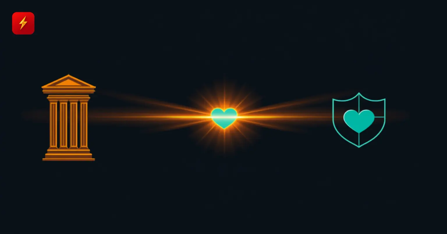 A courthouse silhouette sending a glowing beam toward a heart and protective shield — cover for the New Mexico court order for Meta to pay M in the child safety case