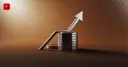 Glossy 3D coin stack with a growth arrow on a gold-amber background — symbolizing crypto fundraising