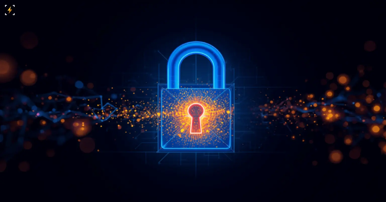 Flat vector illustration of a glowing blue padlock with a bright amber keyhole at its center, dissolving into networks of glowing particles flowing outward on both sides, symbolizing a new self-custody wallet unlocking direct control over crypto assets