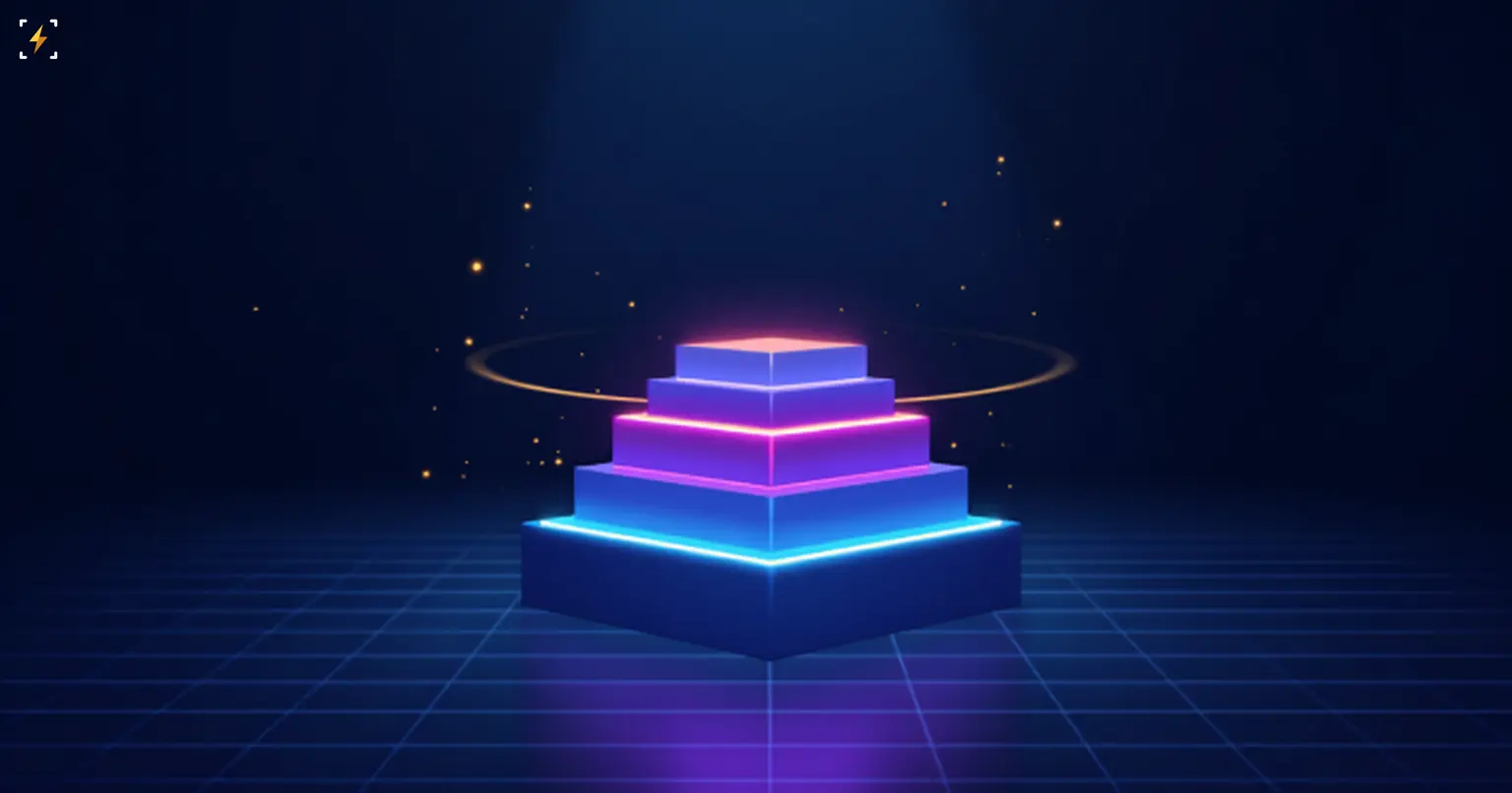 A three-tiered glowing pyramid in blue, violet, and amber, ringed by a thin orbiting halo, symbolizing distinct financial layers stacking around one asset