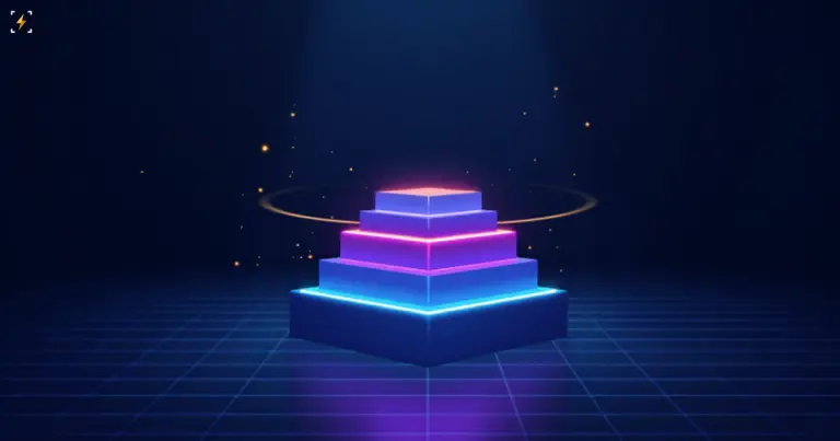 A three-tiered glowing pyramid in blue, violet, and amber, ringed by a thin orbiting halo, symbolizing distinct financial layers stacking around one asset