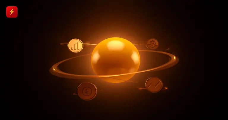 A glowing sphere orbited by icons of different asset classes, symbolizing a multi-asset trading campaign