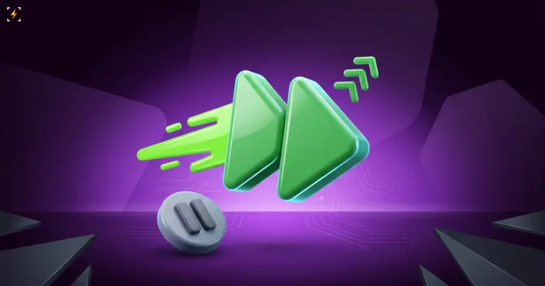 A large green fast-forward symbol racing ahead while a grey pause button lies toppled below it