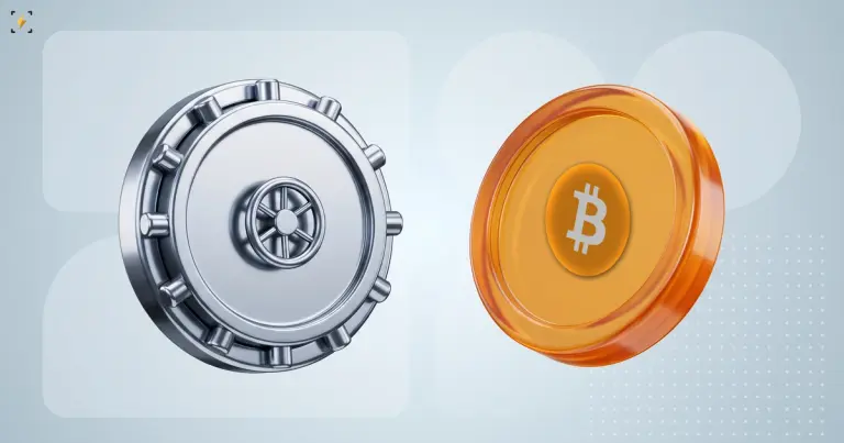 Round steel vault door beside an amber bitcoin coin