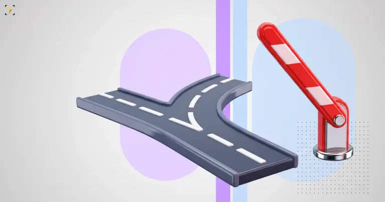 A glossy road splitting into two branches beside a raised red and white boom barrier, illustrating twelve years of AI warnings that stopped nothing