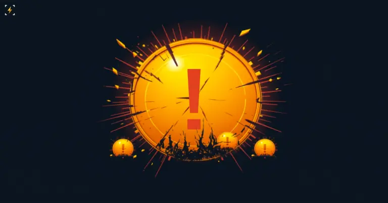 Flat vector illustration of a glowing golden coin with a warning exclamation mark cracking apart at its center, surrounded by three smaller matching coins nearby, symbolizing a denied rumor about a new coin next to existing tokens that have lost most of their value