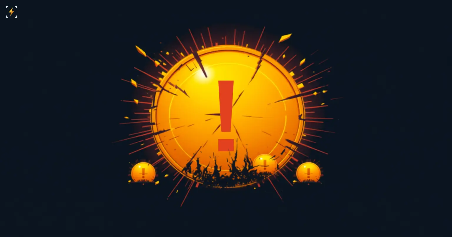 Flat vector illustration of a glowing golden coin with a warning exclamation mark cracking apart at its center, surrounded by three smaller matching coins nearby, symbolizing a denied rumor about a new coin next to existing tokens that have lost most of their value