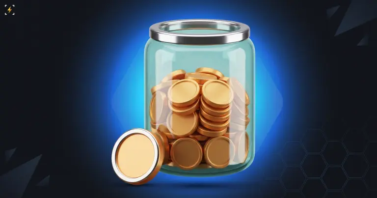 Glass jar packed with gold coins beside one single coin standing outside it