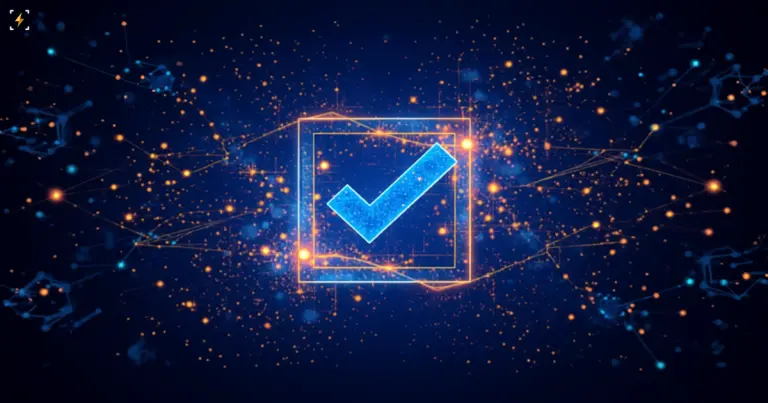 Flat vector illustration of a glowing blue checkmark inside a glowing amber square seal, surrounded by a network of small glowing agent nodes connected by thin light lines converging on it, symbolizing many independent AI agents working toward a shared formal proof