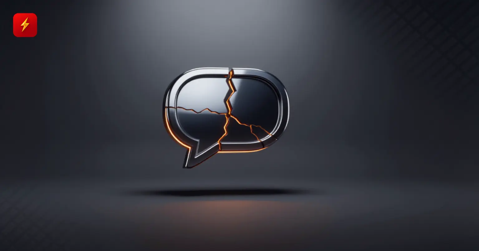 Glossy 3D chat-bubble icon with a crack on a graphite background — symbolizing the lawsuit against Telegram