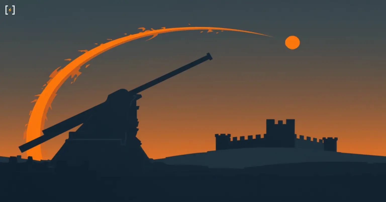 Flat vector illustration of a medieval trebuchet mid-launch at dusk, its arm arced and a glowing stone projectile flying toward a silhouetted castle on a hill