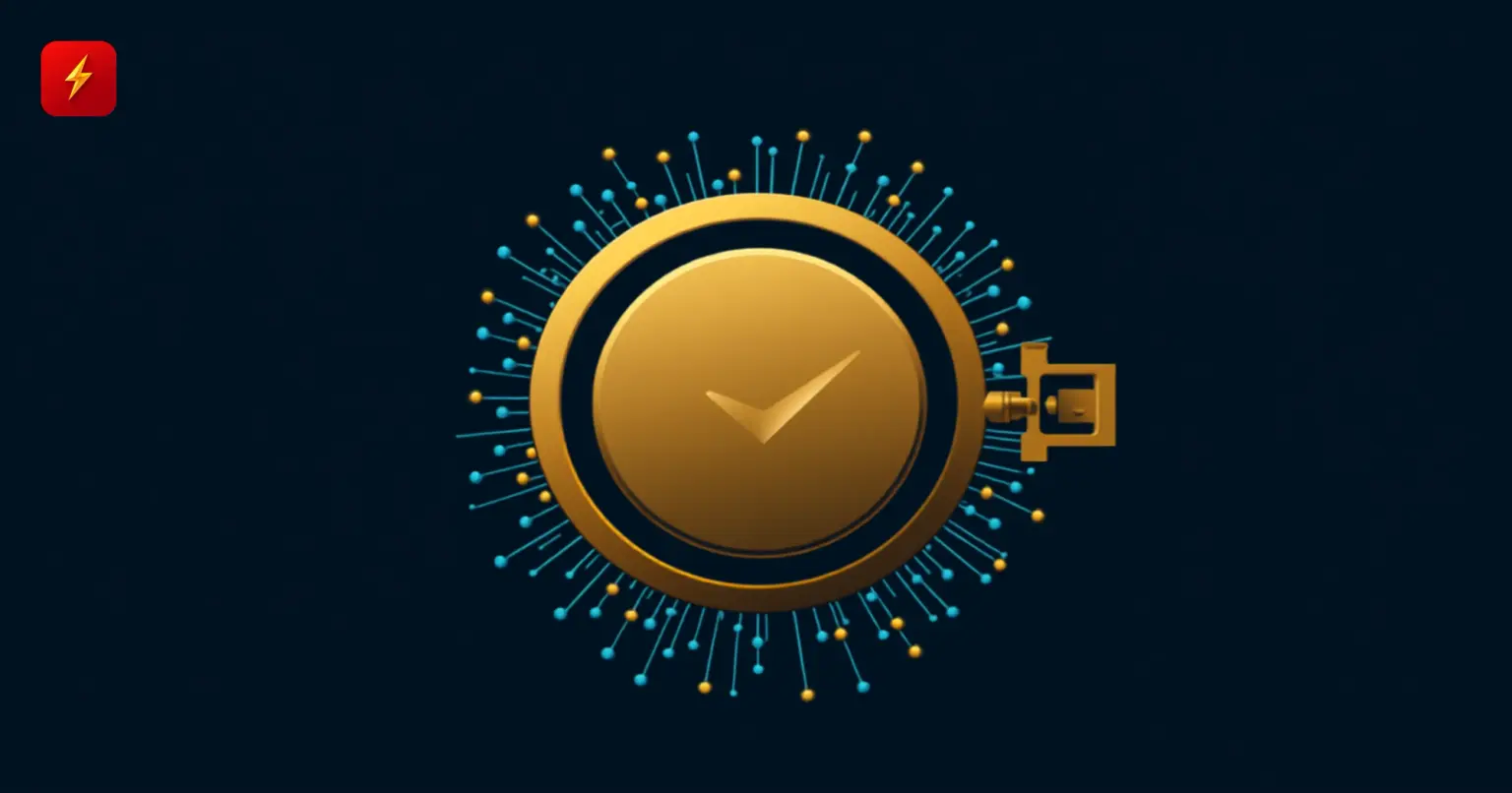A glossy gold vault door with a checkmark at its center, surrounded by radiating blockchain node lines, symbolizing regulatory approval for digital custody of a tokenized fund