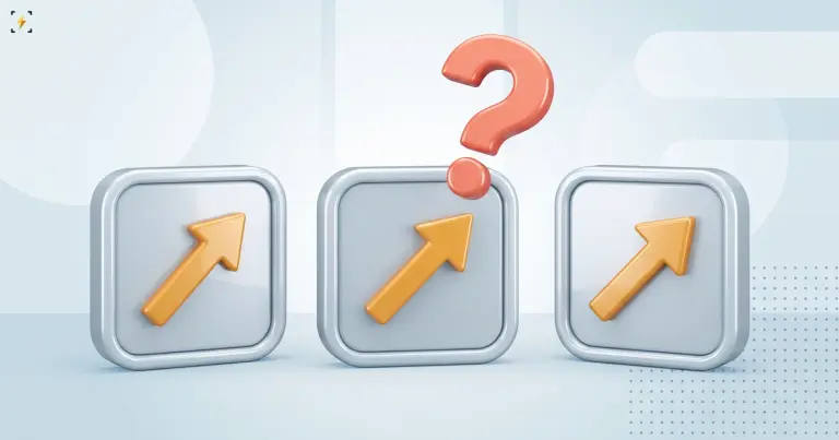 Three identical glossy panels in a row, each holding the same amber upward arrow, with a large coral question mark above the middle one