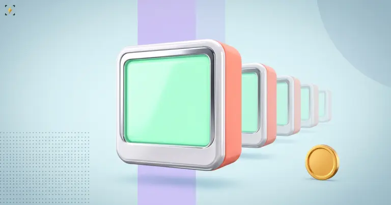 Large computer box with a glowing green screen, identical copies receding behind it and a tiny gold coin to the right