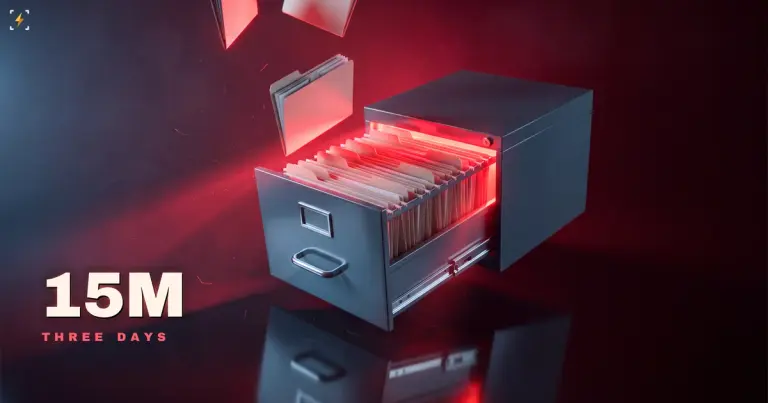 An open steel filing drawer glowing red from inside, packed with unlabelled folders, a few drifting away above it