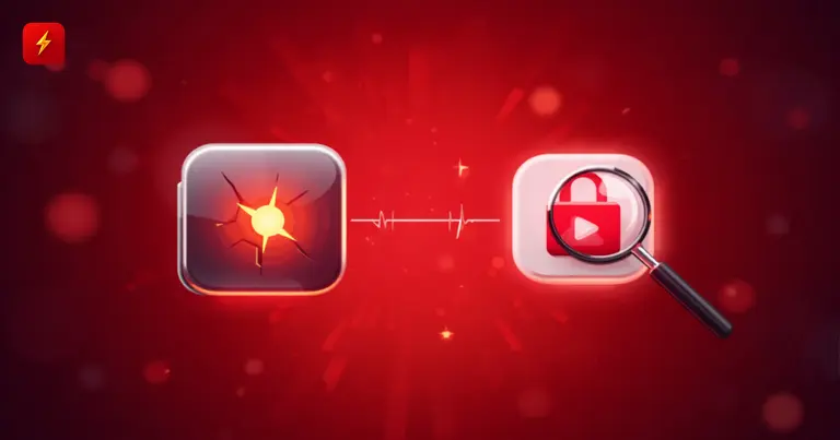 A cracked app icon and a magnifying glass with a lock, symbolizing a fake crypto wallet app in an app store