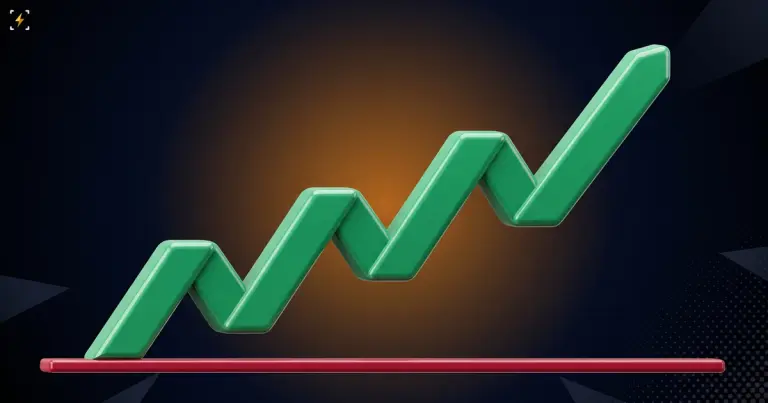 A green five-segment zigzag rising to an unfinished tip with a thin crimson line running beneath it like a floor