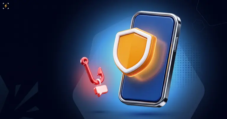 Phone with a blank screen and an amber shield in front of it beside a red hook