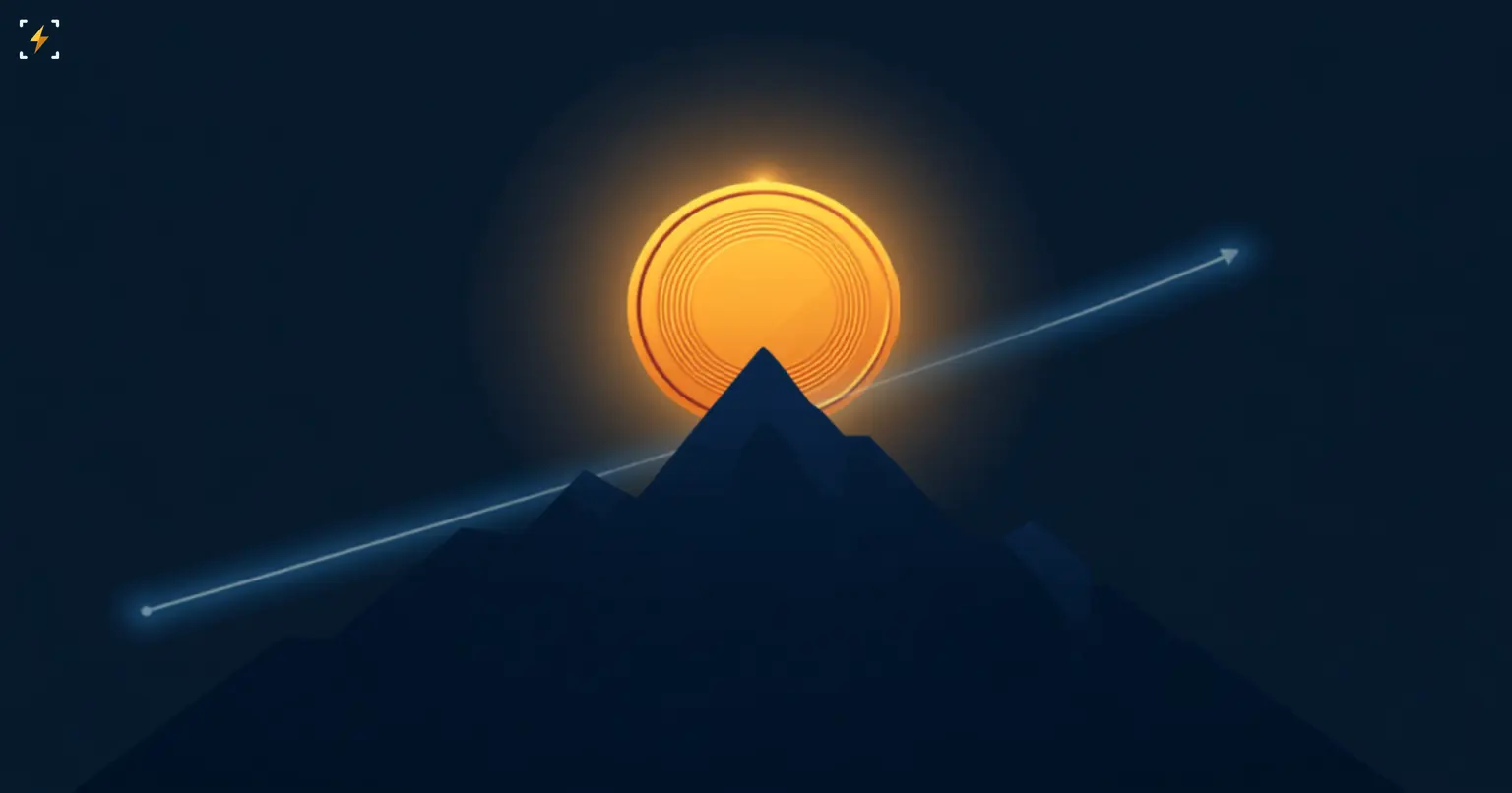 Flat vector illustration of a glowing amber coin bouncing above a mountain peak while a thin light line trends upward beside it, symbolizing bitcoin's 24-hour price bounce against a backdrop of weakening ETF demand