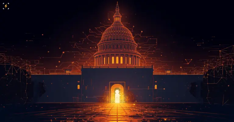 Flat vector illustration of a glowing amber US Capitol dome wrapped in blockchain node and circuit-line patterns, with a single luminous open doorway and pathway leading toward it through a dark surrounding wall, symbolizing a regulator building its own path forward