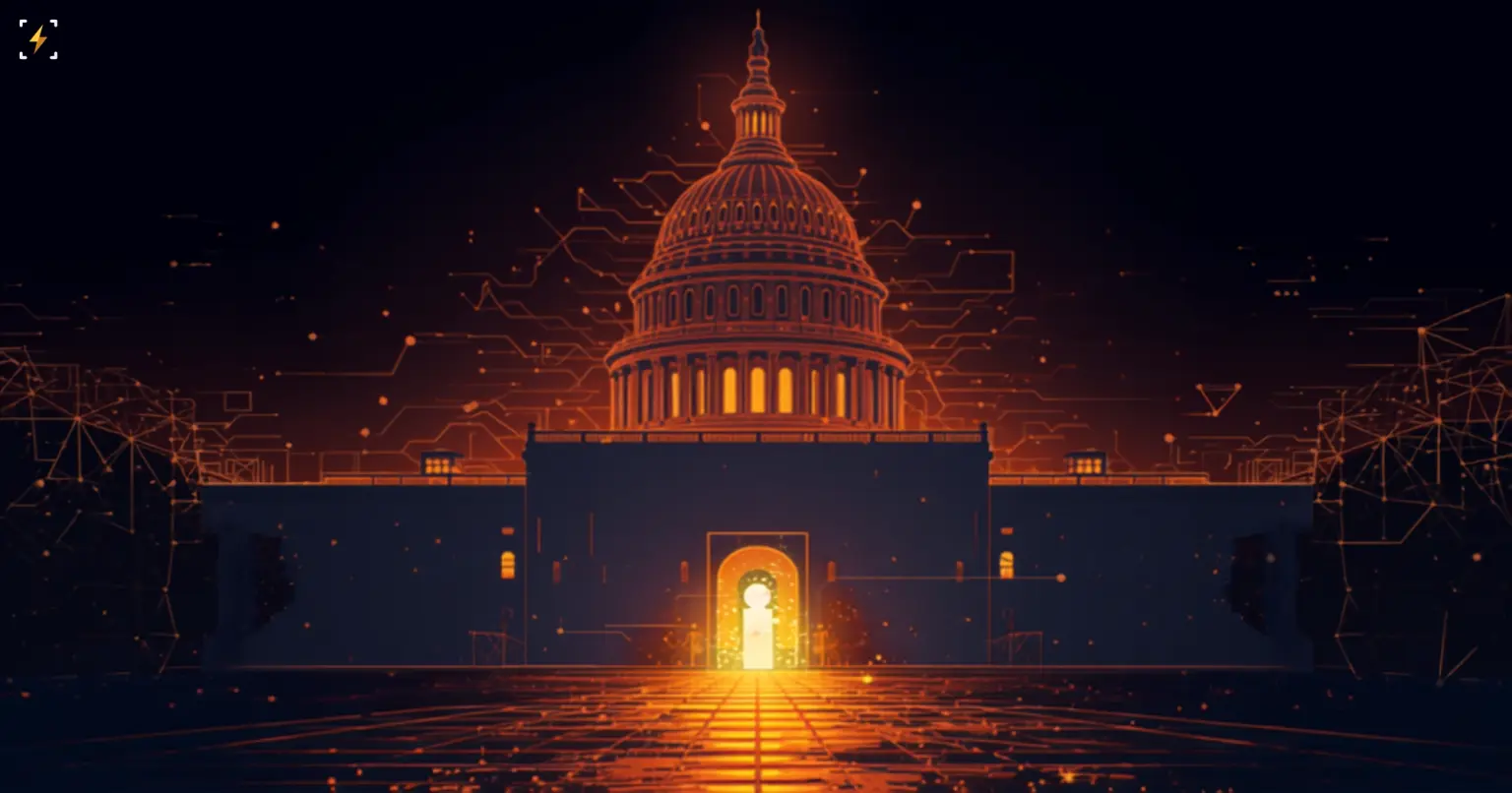 Flat vector illustration of a glowing amber US Capitol dome wrapped in blockchain node and circuit-line patterns, with a single luminous open doorway and pathway leading toward it through a dark surrounding wall, symbolizing a regulator building its own path forward