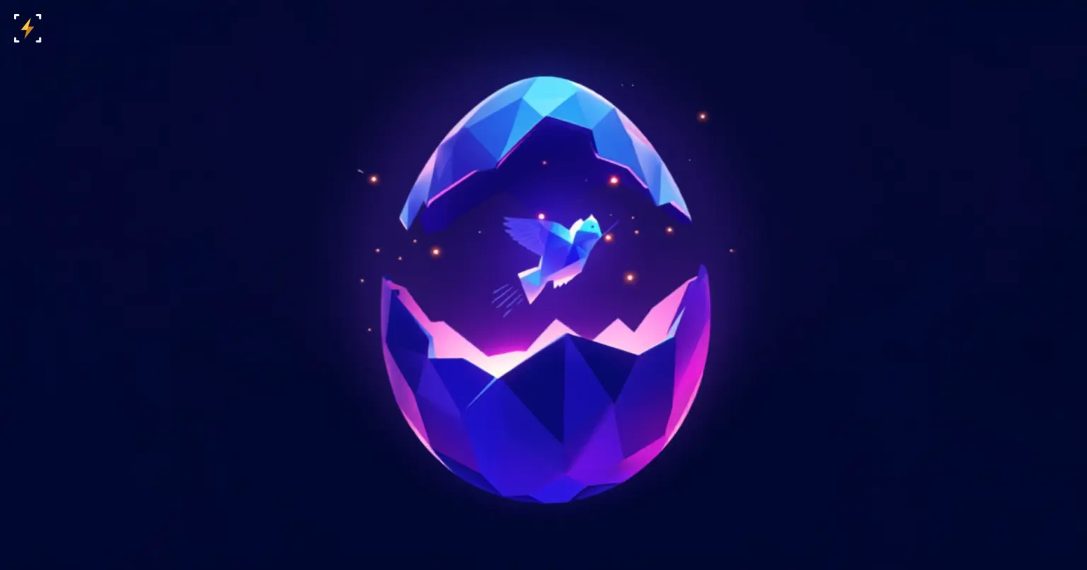 Плоская векторная иллюстрация светящегося низкополигонального яйца, раскалывающегося и выпускающего геометрическую птицу в полёте, на тёмно-синем фоне — символ запуска нового ИИ-агента