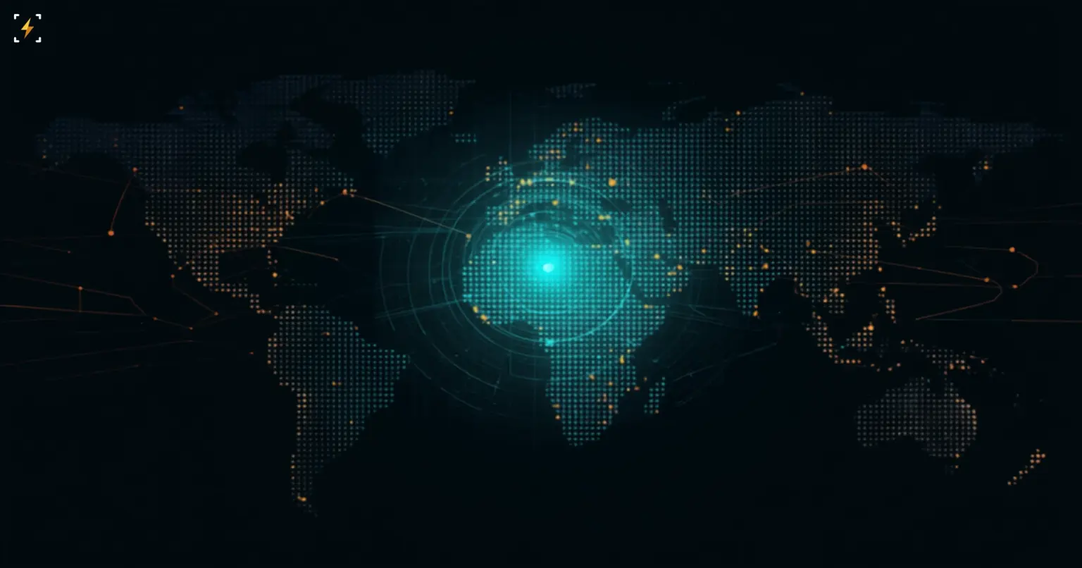 Flat vector illustration of a glowing world map made of small dot nodes in teal, amber, and orange colors, with a bright teal signal beacon radiating concentric rings from one central point, symbolizing a global crypto regulation map and network of partner connections