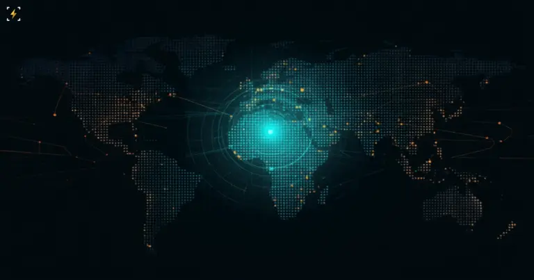 Flat vector illustration of a glowing world map made of small dot nodes in teal, amber, and orange colors, with a bright teal signal beacon radiating concentric rings from one central point, symbolizing a global crypto regulation map and network of partner connections
