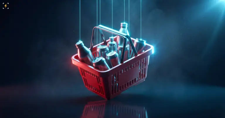 A glossy red shopping basket of unlabelled bottles and cans, suspended by thin glowing cyan lines in a dark room
