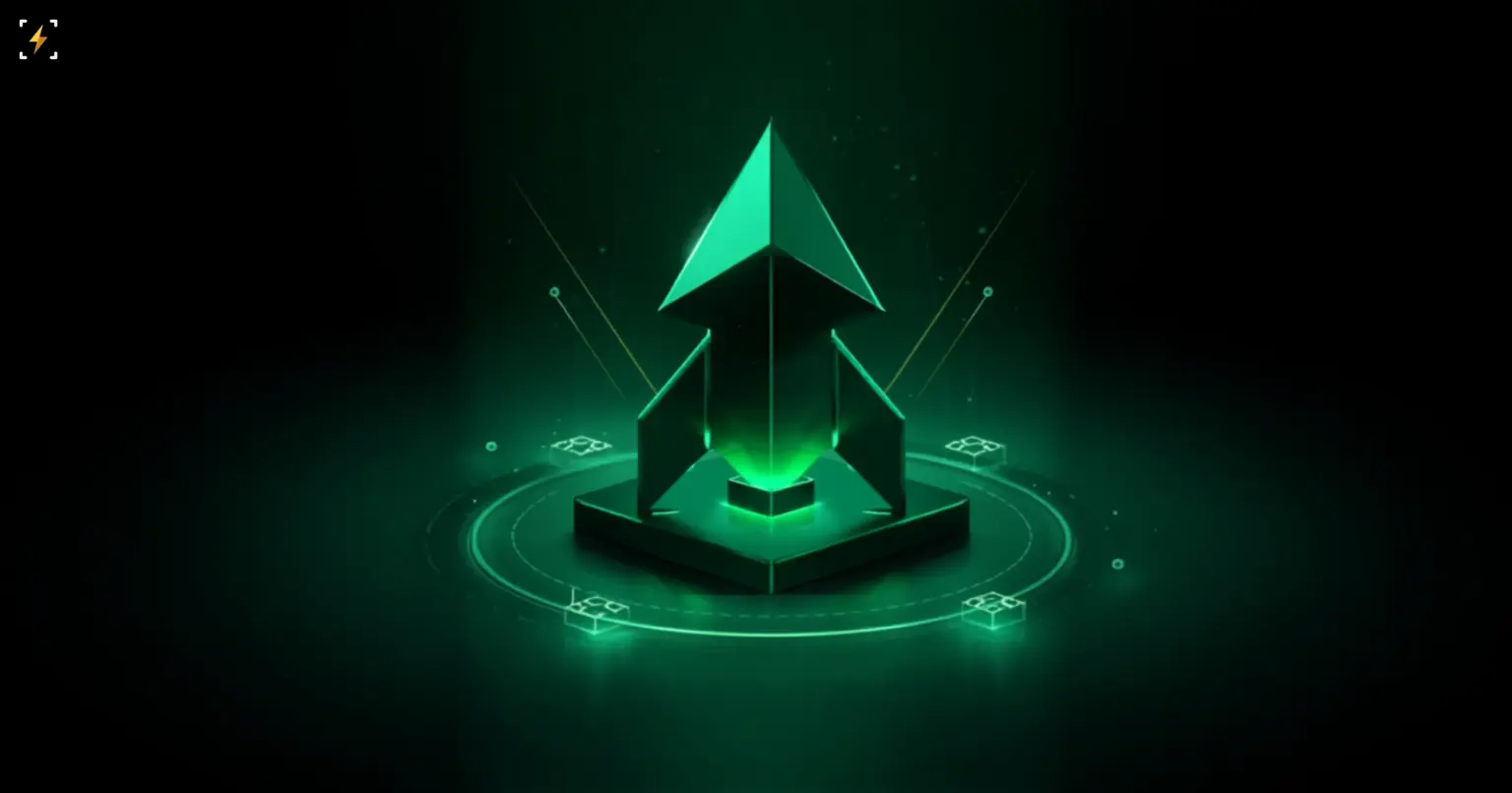 Glossy green 3D ascending arrow rising from a pedestal, encircled by an orbit ring with connected chip-shaped nodes, symbolizing explosive revenue growth