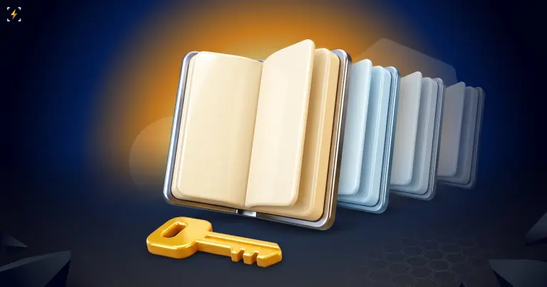 Open blank notebook with four identical copies receding behind it and a gold key lying in front