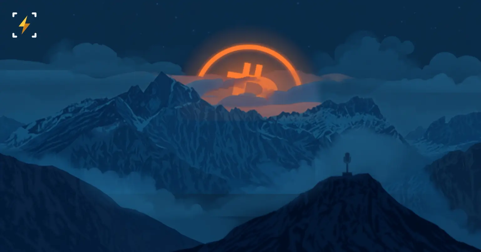 Bitcoin symbol glowing over misty Jackson Hole mountains, evoking the Fed's silence on rate signals