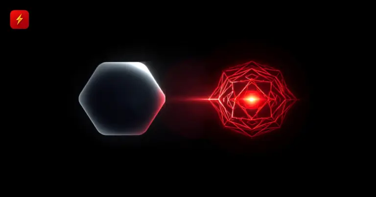 Flat vector illustration of a minimalist glowing hexagon connected by a beam of light to an intricate red geometric mandala, symbolizing Apple's rare cross-border AI partnership with Alibaba in China
