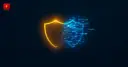 Two identical shields — one solid gold, one glitching into blue digital fragments — cover for the EU regulator impersonation scam news