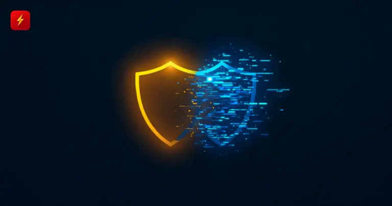 Two identical shields — one solid gold, one glitching into blue digital fragments — cover for the EU regulator impersonation scam news