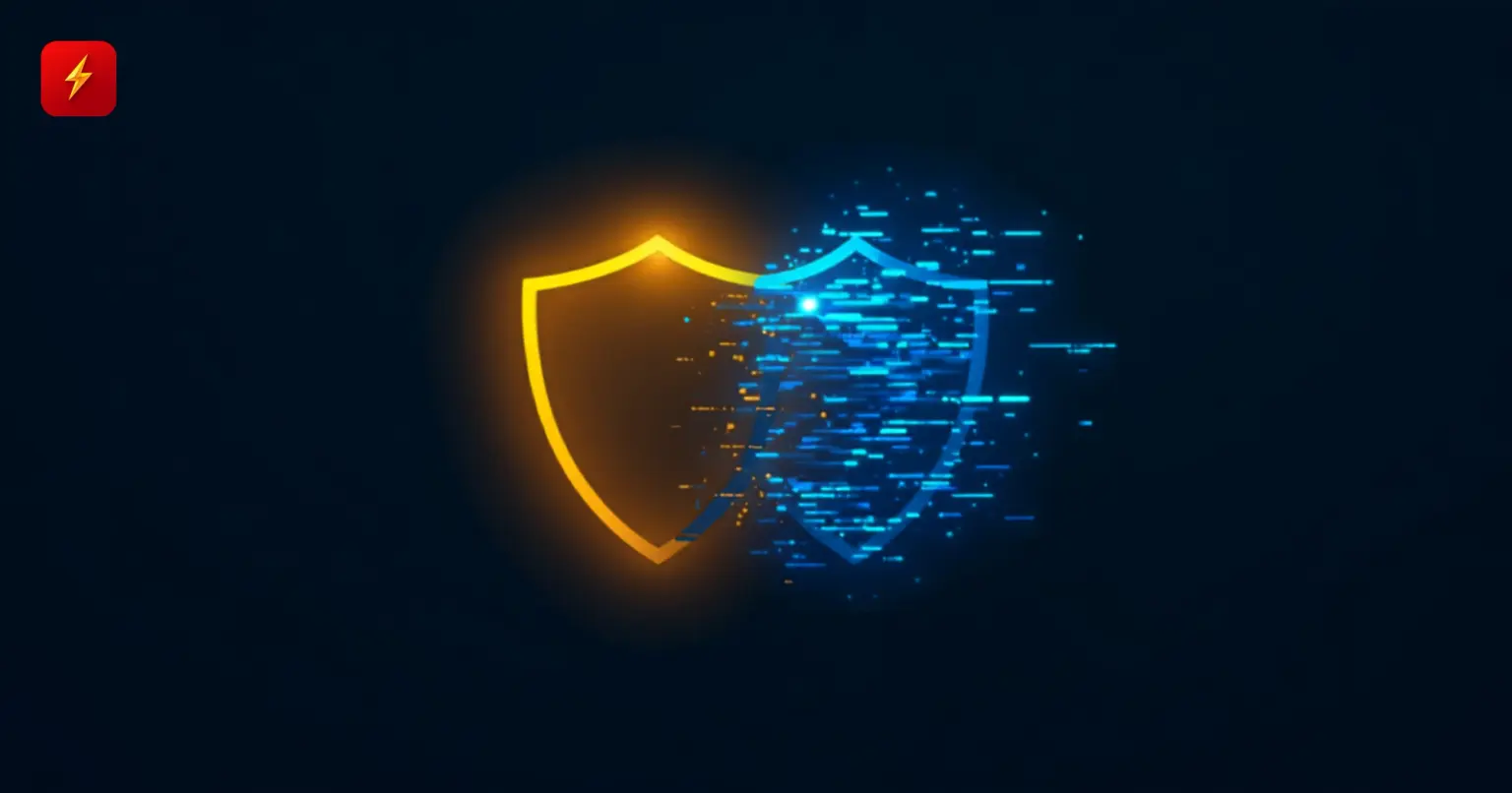 Two identical shields — one solid gold, one glitching into blue digital fragments — cover for the EU regulator impersonation scam news