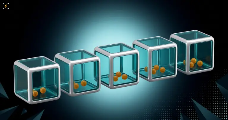 A row of five identical teal glass cubes in perspective, each holding only two or three small amber spheres on its floor with the space above empty