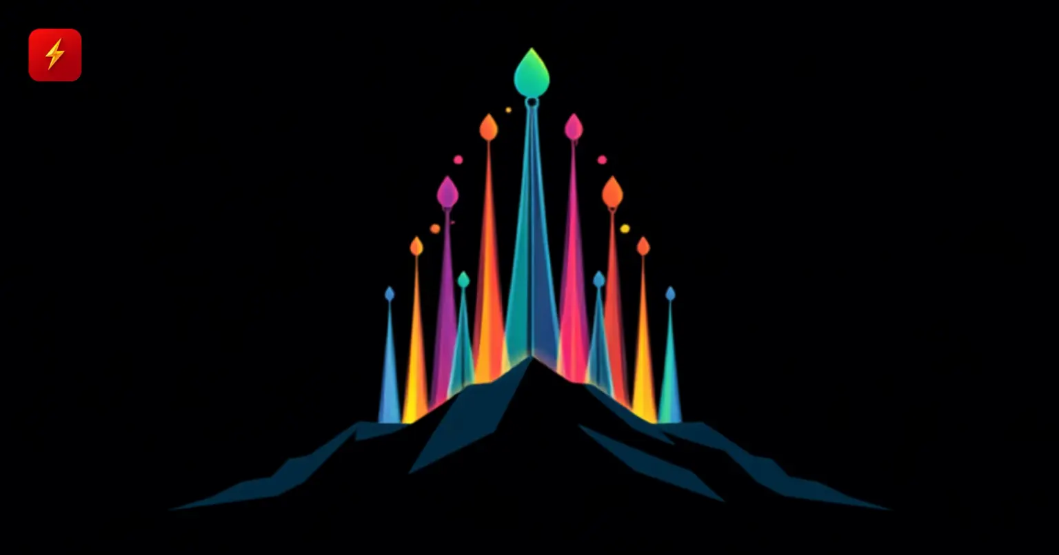 Flat vector illustration of a cluster of multicolored glowing spikes rising from a dark mountain silhouette, symbolizing several different altcoins surging at once this week